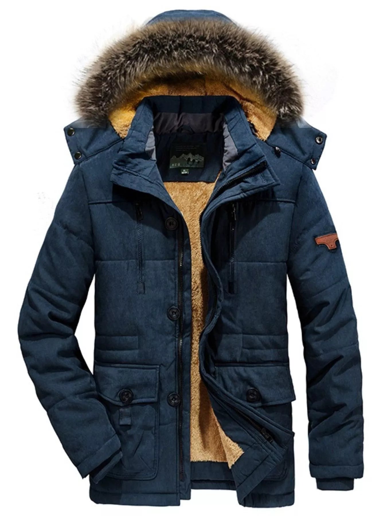 Men's Plus Size Zip Up Long Sleeve Puffer Coat with Faux Fur Hood
