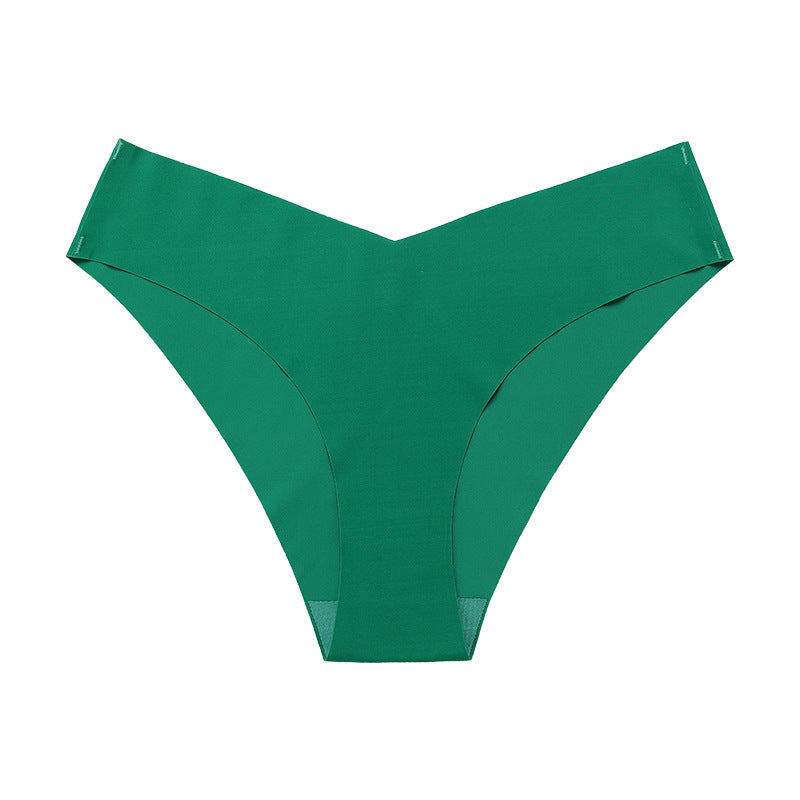 Seamless Ice Silk Underwear For Women With V-shaped Waistband. One-piece Pure Cotton Crotch Breathable Women's Briefs.