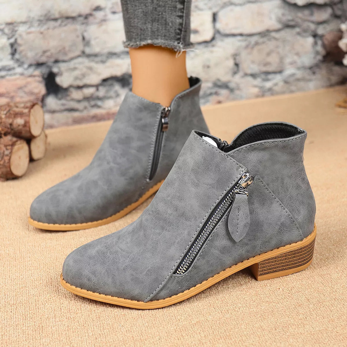 Size Zipper Block Heels Boots