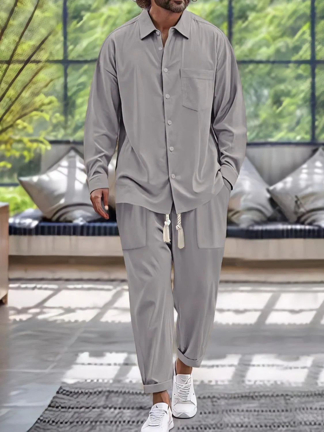 Men's Button Down Long Sleeve Shirt and Pants Set