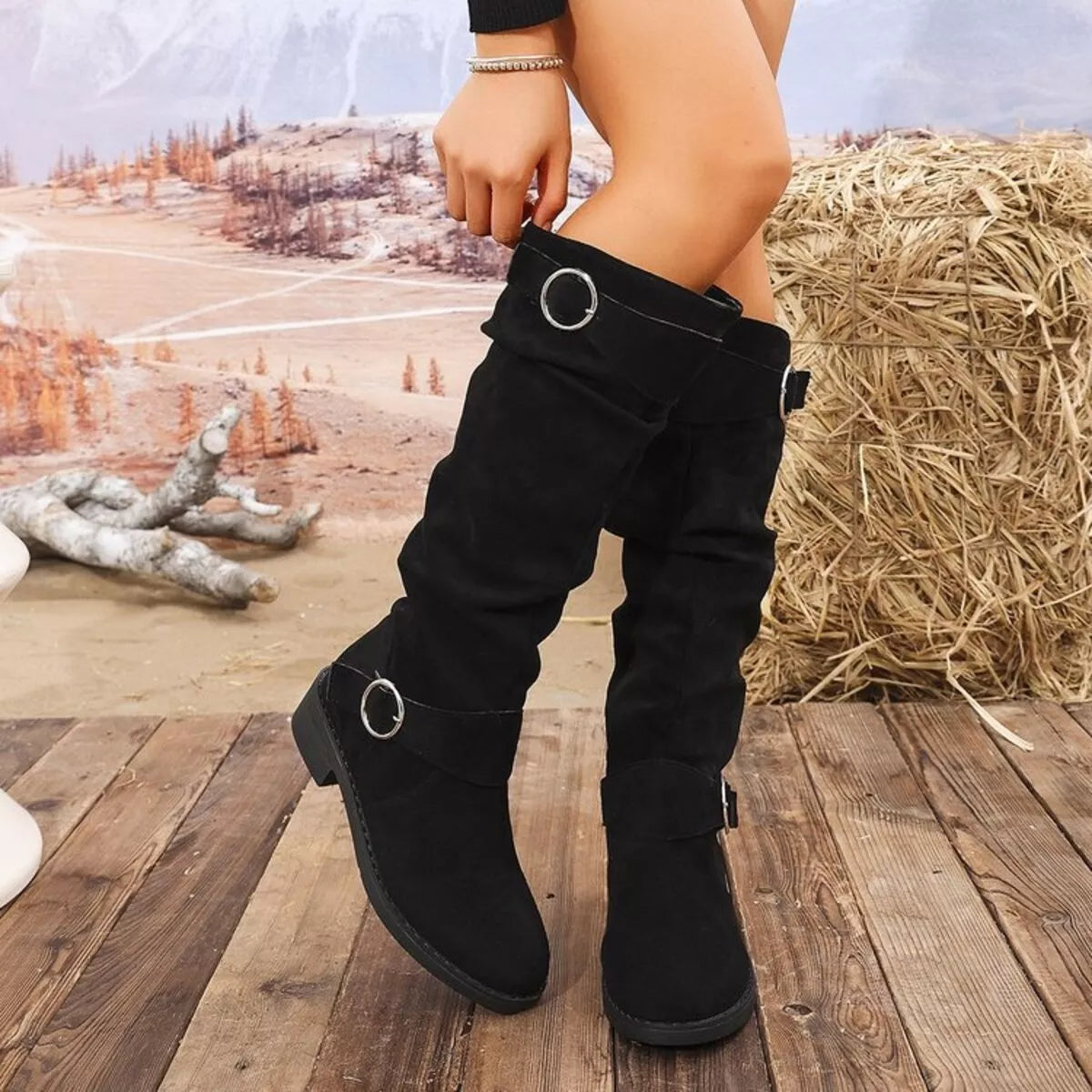 Block Heel Boots with Buckle Detail