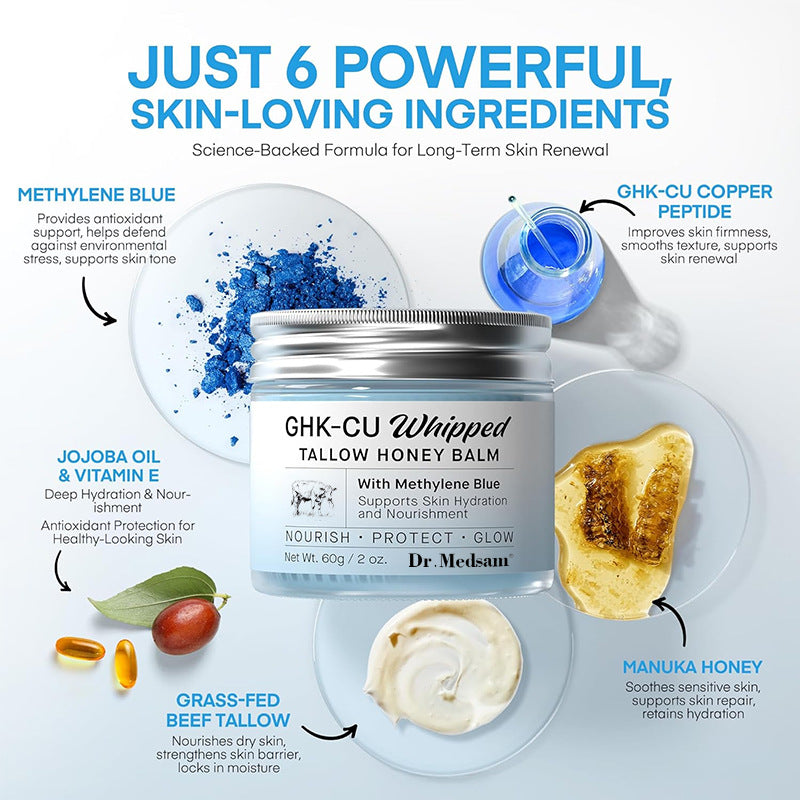 GHK-Cu Copper Peptide Whipped Grass Fed Tallow Honey Balm, Methylene Blue Infused Anti Aging Hydrating Repair Facial Cream, Natural Grass-Fed Beef Tallow Face Moisturizer For Dry Skin