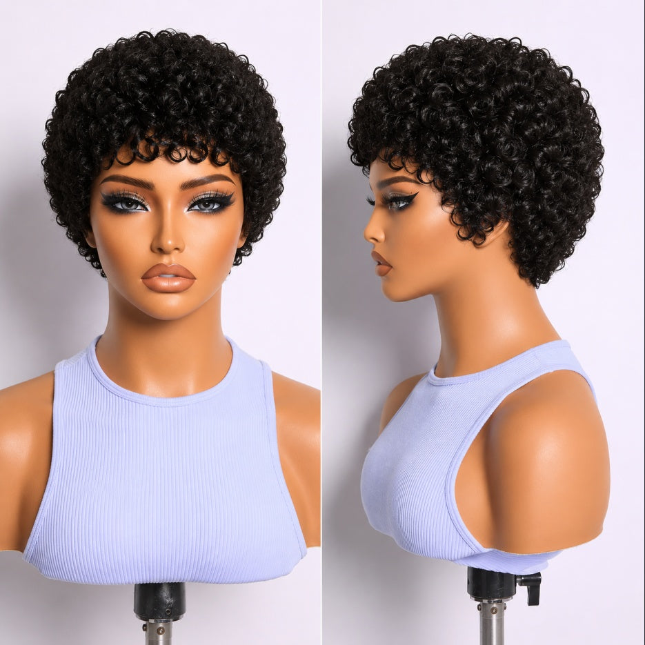Pixie-style Human Hair Wig, Natural Color, Jerry Curly Texture, 4-inch Length.