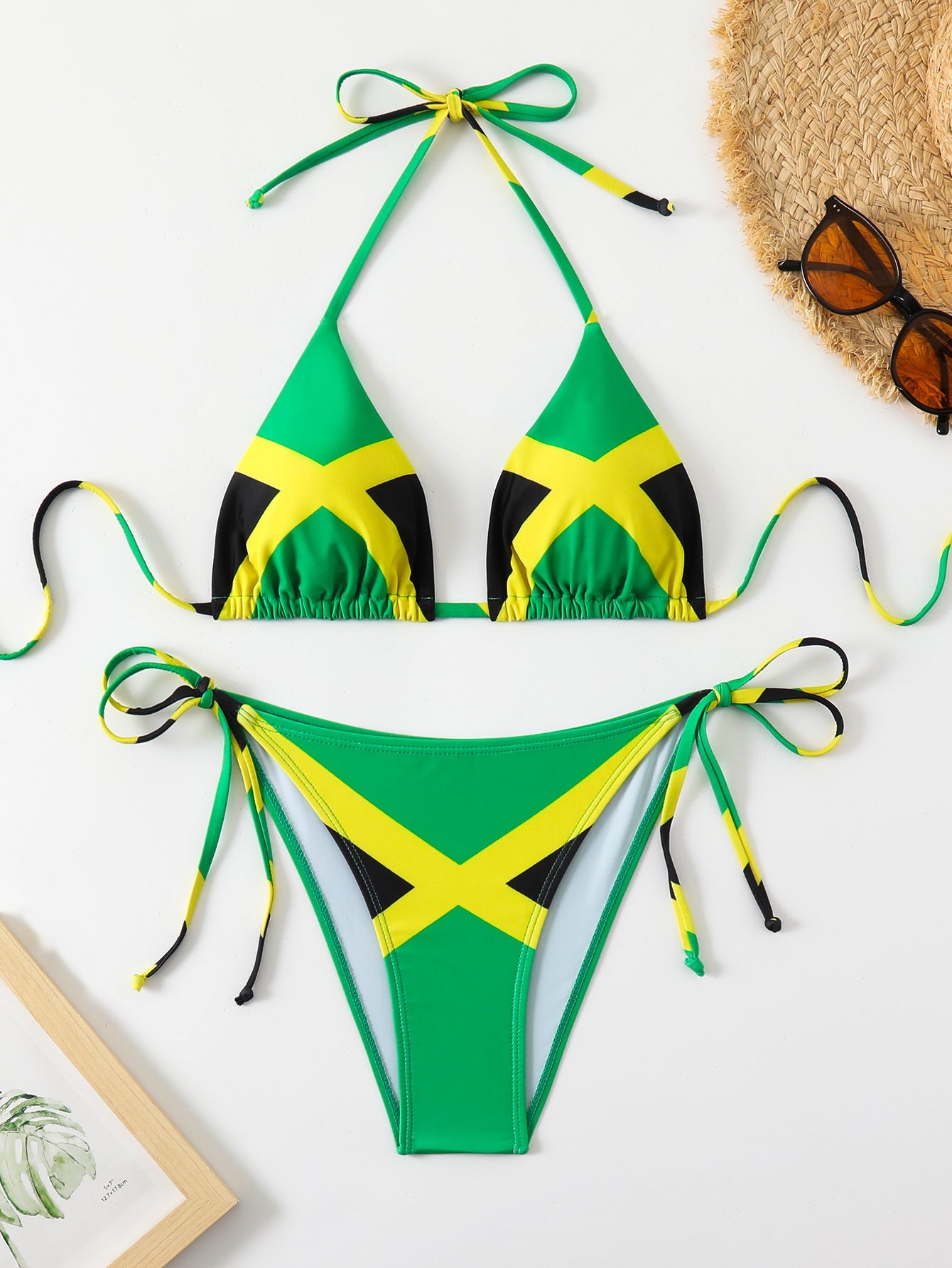 Women's Jamaica Flag Print Triangle Bikini Set, Halter Tie Top & Side Tie High Cut Bottom, 2 Piece Caribbean Swimsui