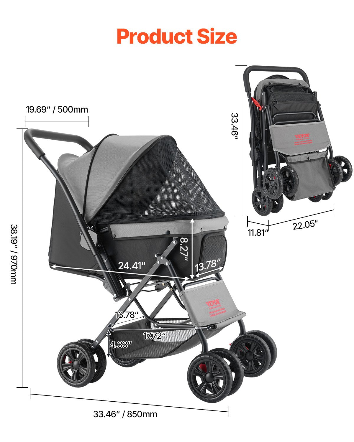 Pet Stroller Foldable 4 Wheels Travel Dog Stroller Reversible Handle Up To 44lbs