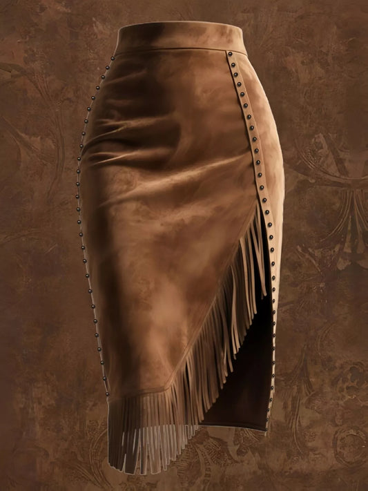 Studded Suede Fringe Midi Skirt