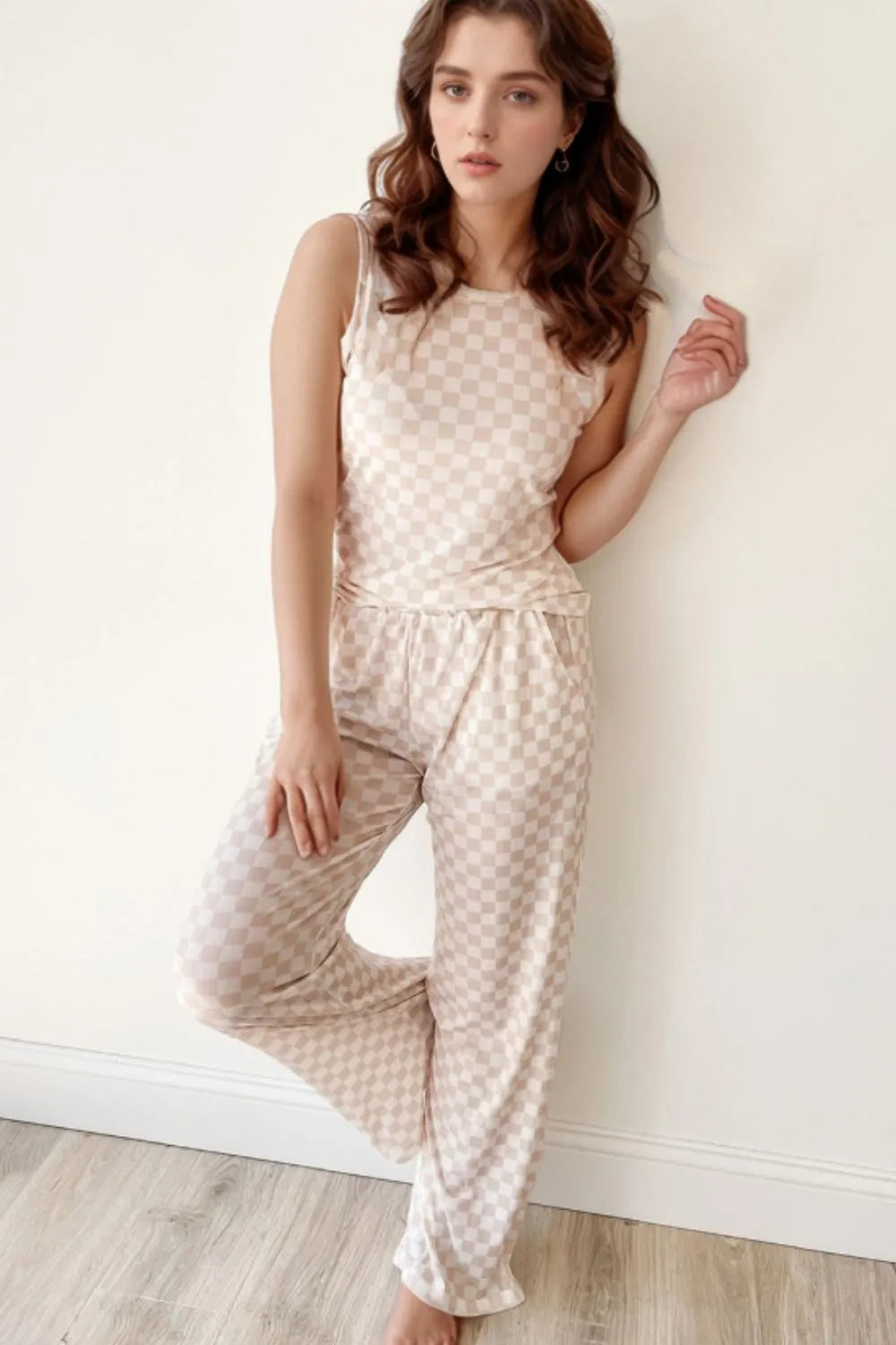 Ribbed Texture Checkered Print Tank and Pants Set