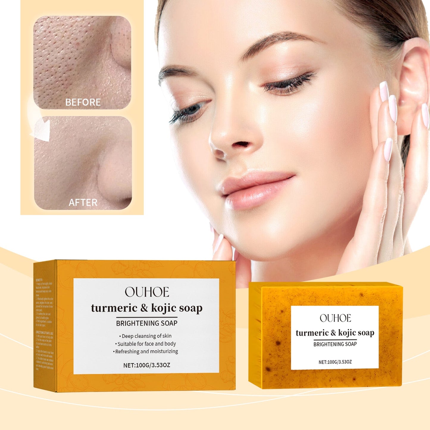 OUHOE Turmeric & Kojic Soap, Gentle Cleansing Skin Moisturizing Facial Body Care Soap