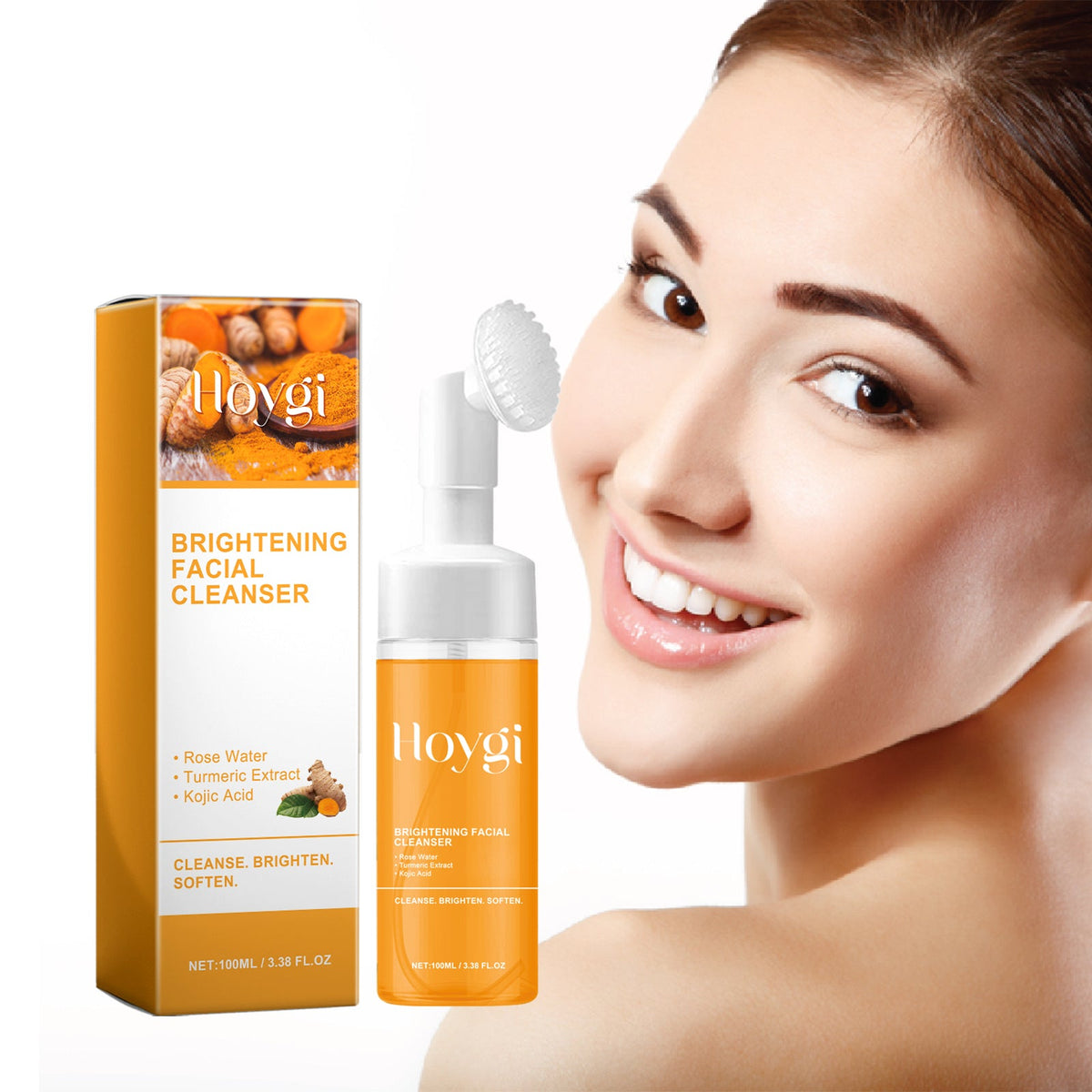 Hoygi Turmeric Brightening Facial Cleanser With Built-In Silicone Massage Brush, Deep Clean Fade Acne Marks Moisturizing Face Wash