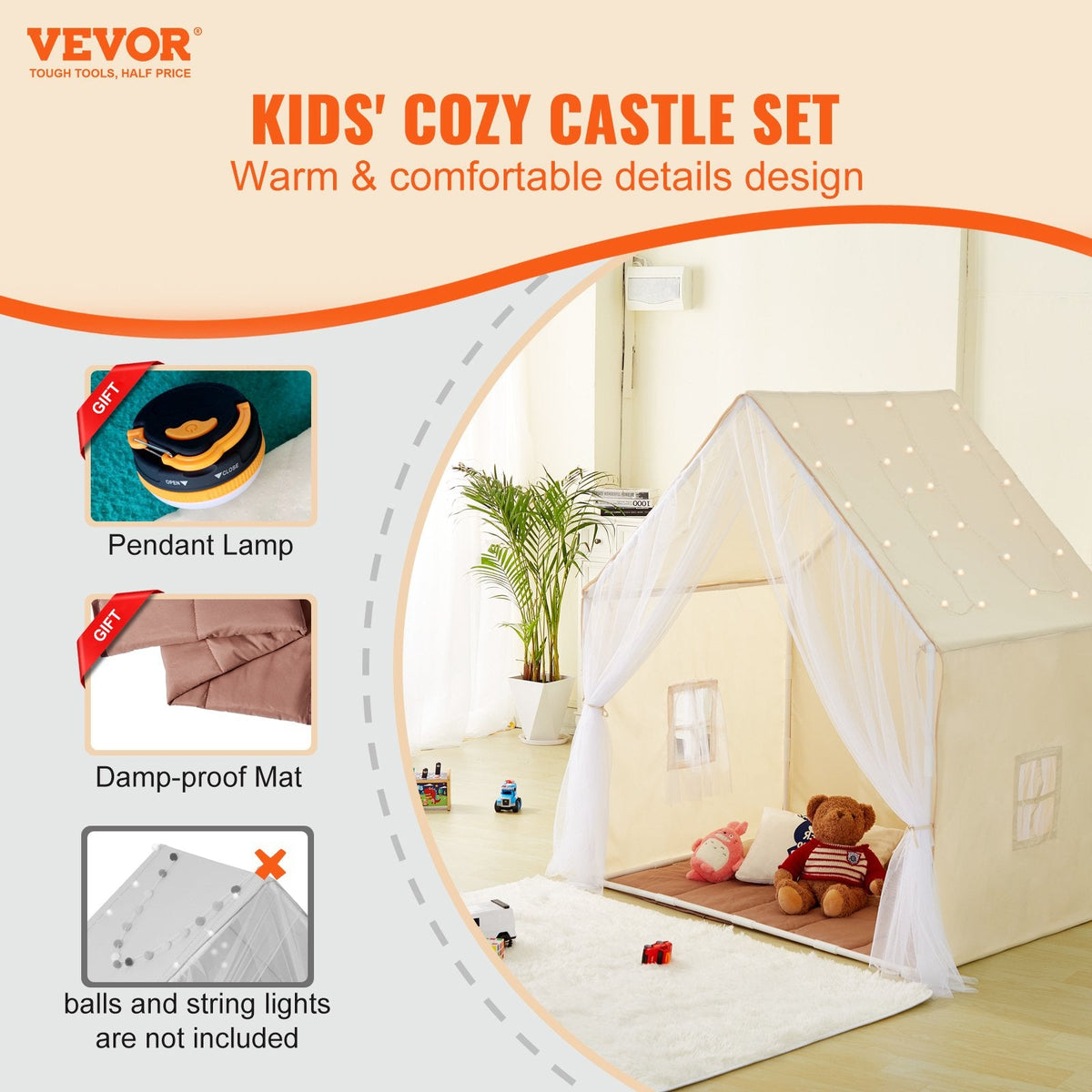 VEVOR Kids Play Tent, Kids Tent For Kids 1-5 Years Old, Toddler Tent With Mat And Tent Lamp, Tent For Kids With Windows For Indoor And Outdoor, Yurt Tent For Boys And Girls, Beige