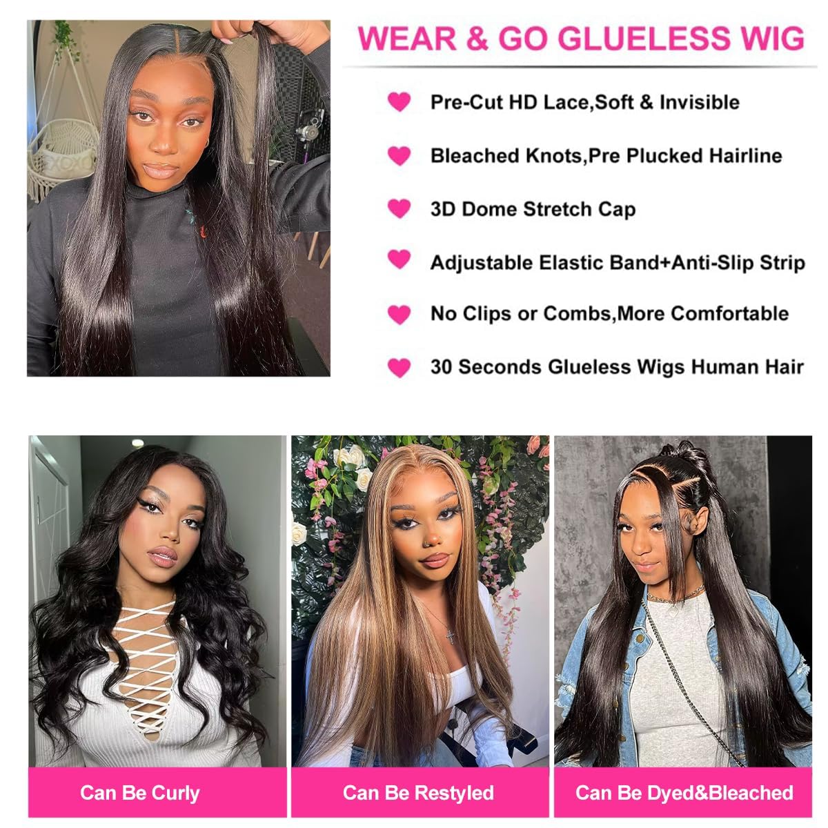 4x6 Pre-cut Lace Human Hair Wig Straight Texture, Natural Color, Density