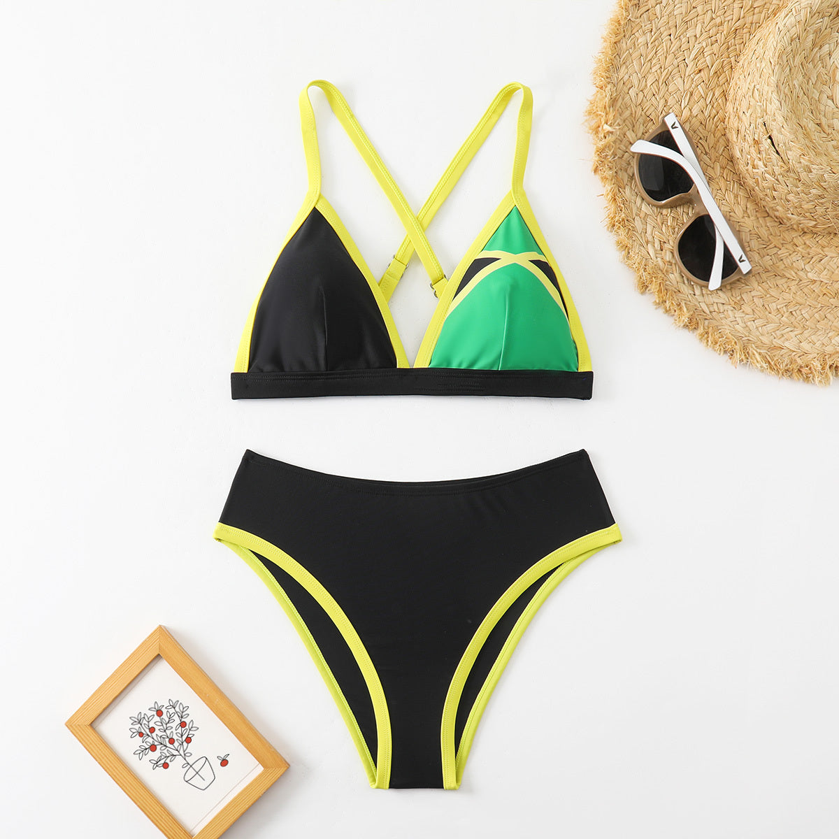 Women's Color Block Triangle Bikini Set, Crisscross Back Top & High Waist Bottom, 2 Piece Sporty Swimsuit