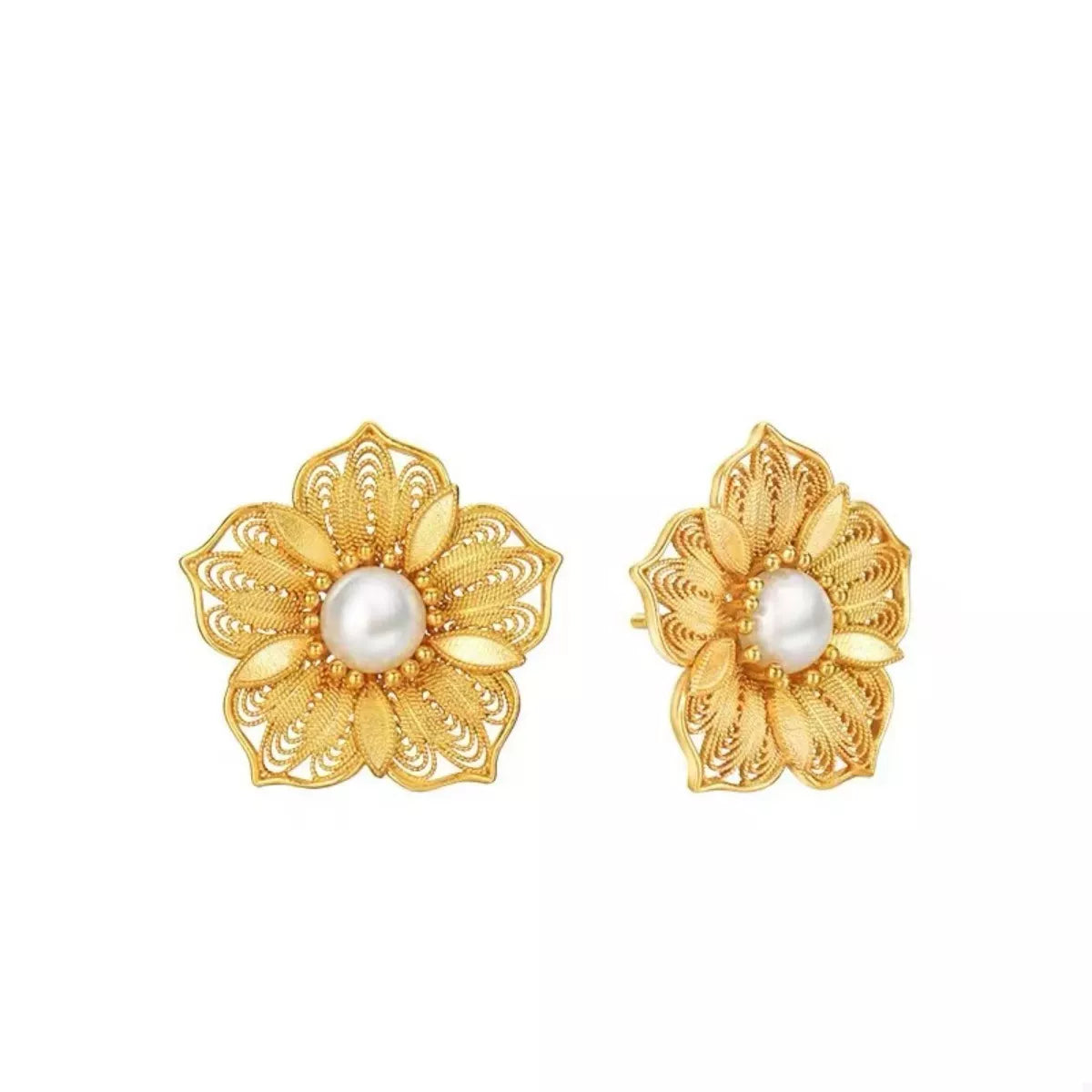 Floral Stud Earrings with Pearl Center