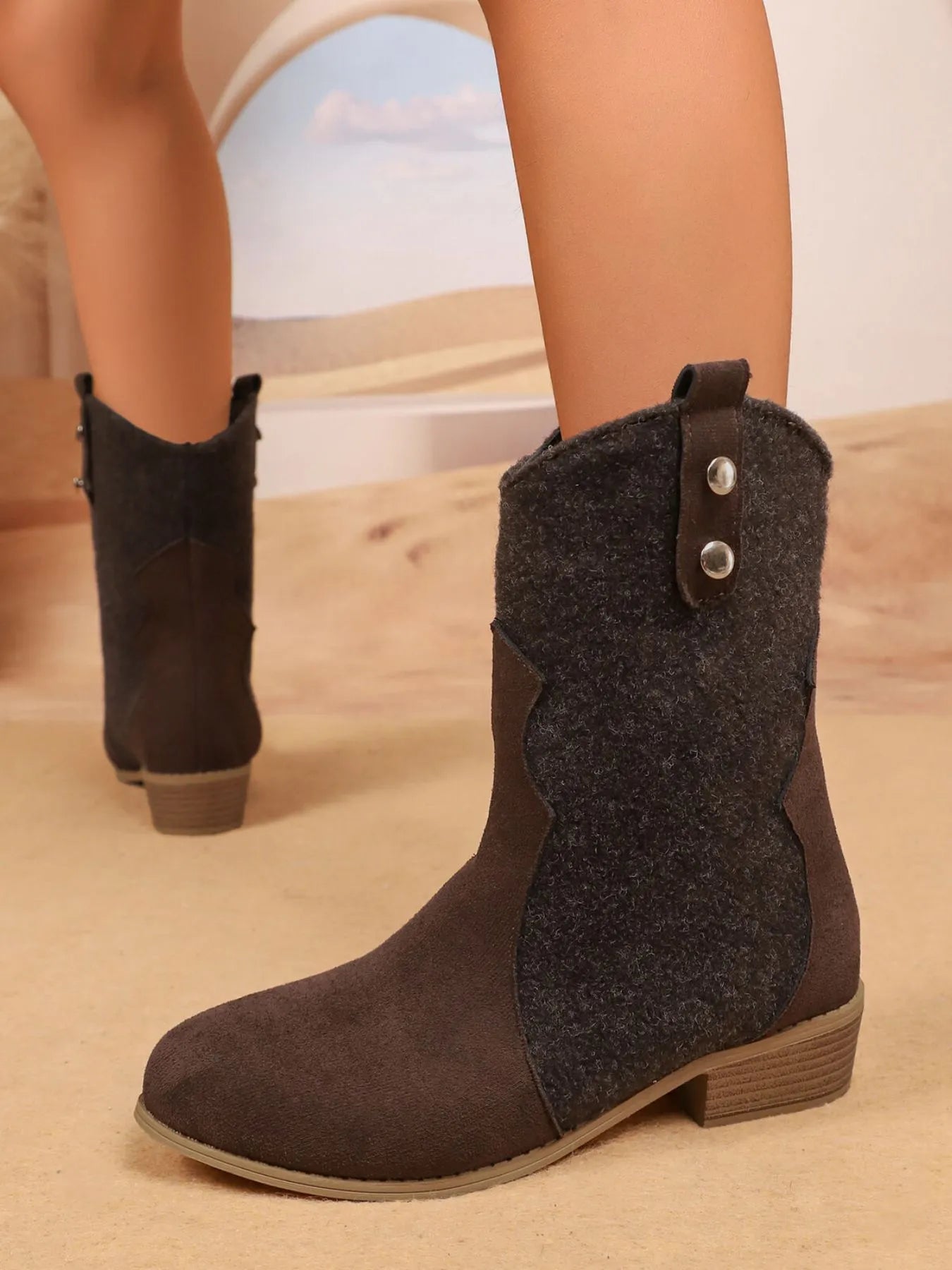 Mid-Calf Western Boots with Block Heels