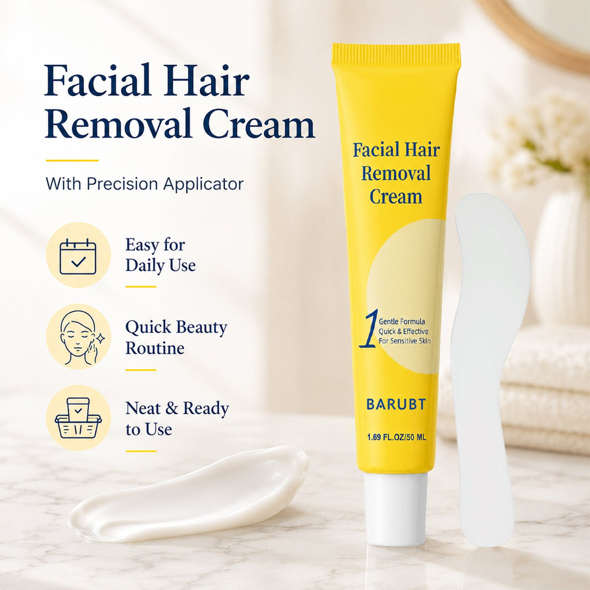 Facial Hair Removal Cream Kit, Gentle Formula For Sensitive Skin, 50ml