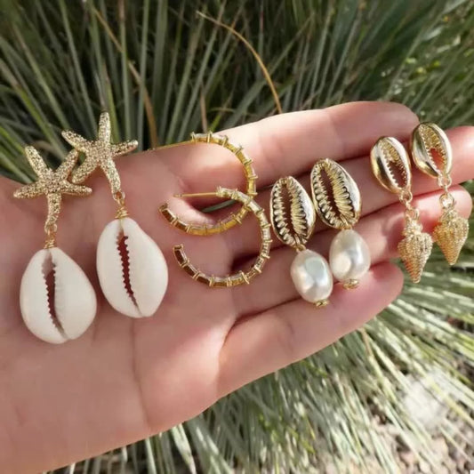 4 Pair 18K Gold-Plated Shell Minimalist Earrings