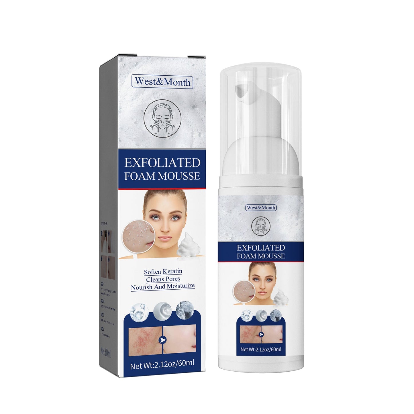 West&Month Exfoliating Mousse, Cleanser Skin Pore Control Oil Gently Cleanses Exfoliating Dead Blackheads
