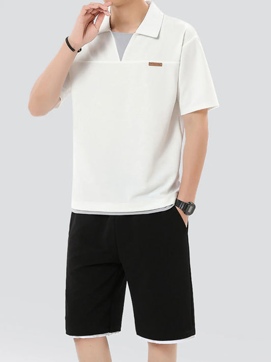 Men's Plus Size Johnny Collar Top and Shorts Set