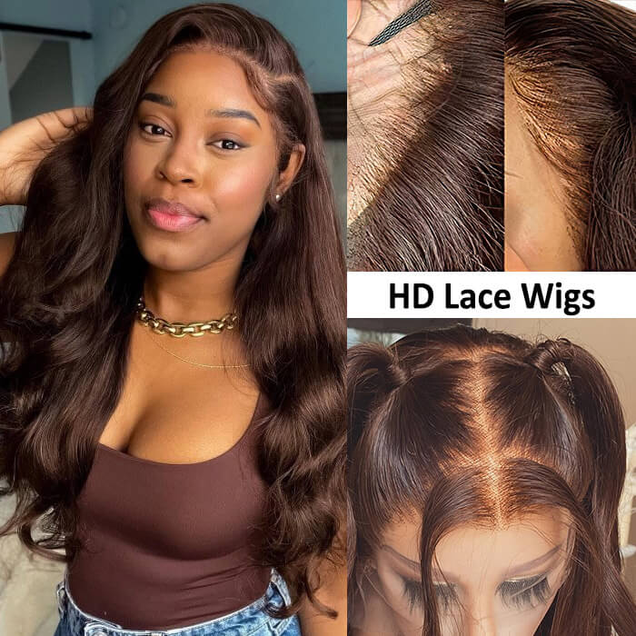 4x4 Lace Human Hair Wig Chocolate Brown Body Wave, Density