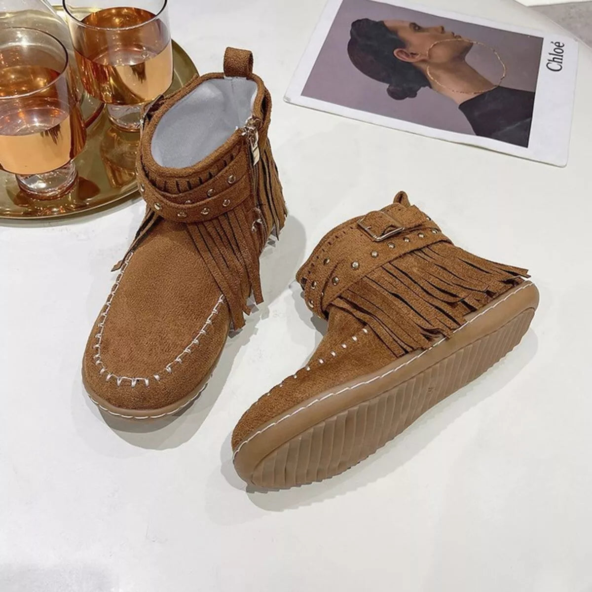 Fringe Round Toe Boots
