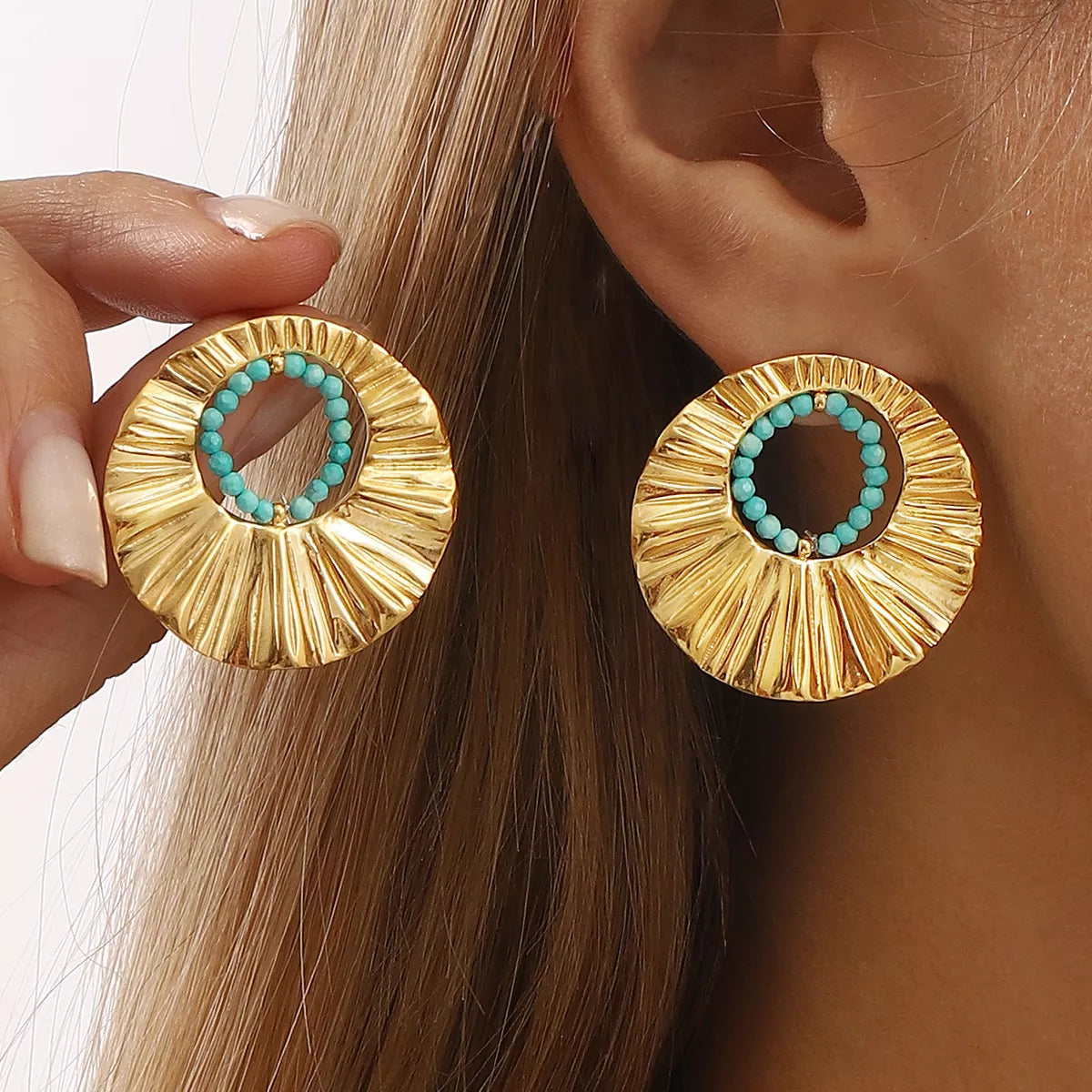 18K Gold-Plated Bead Round Earrings