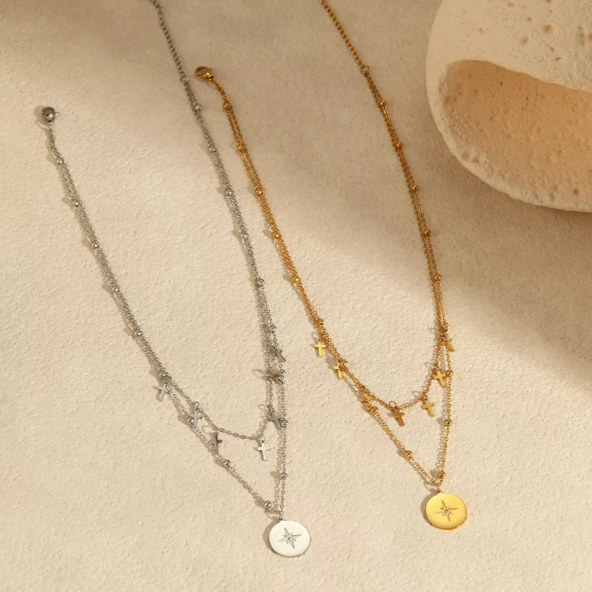 18K Gold-Plated Cross Double Layered Pendant Necklace