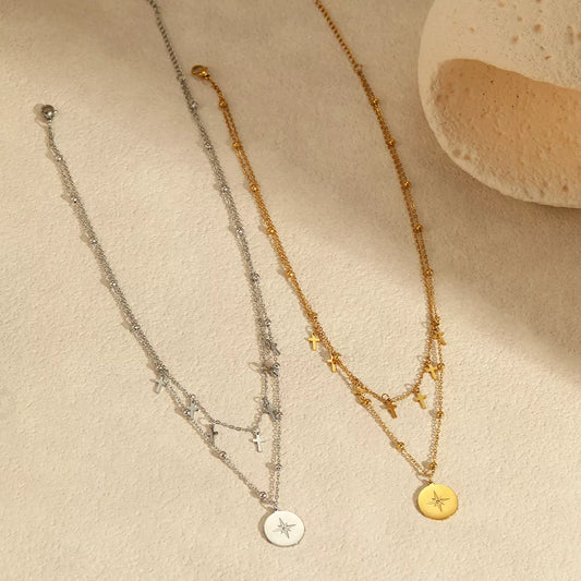 18K Gold-Plated Cross Double Layered Pendant Necklace