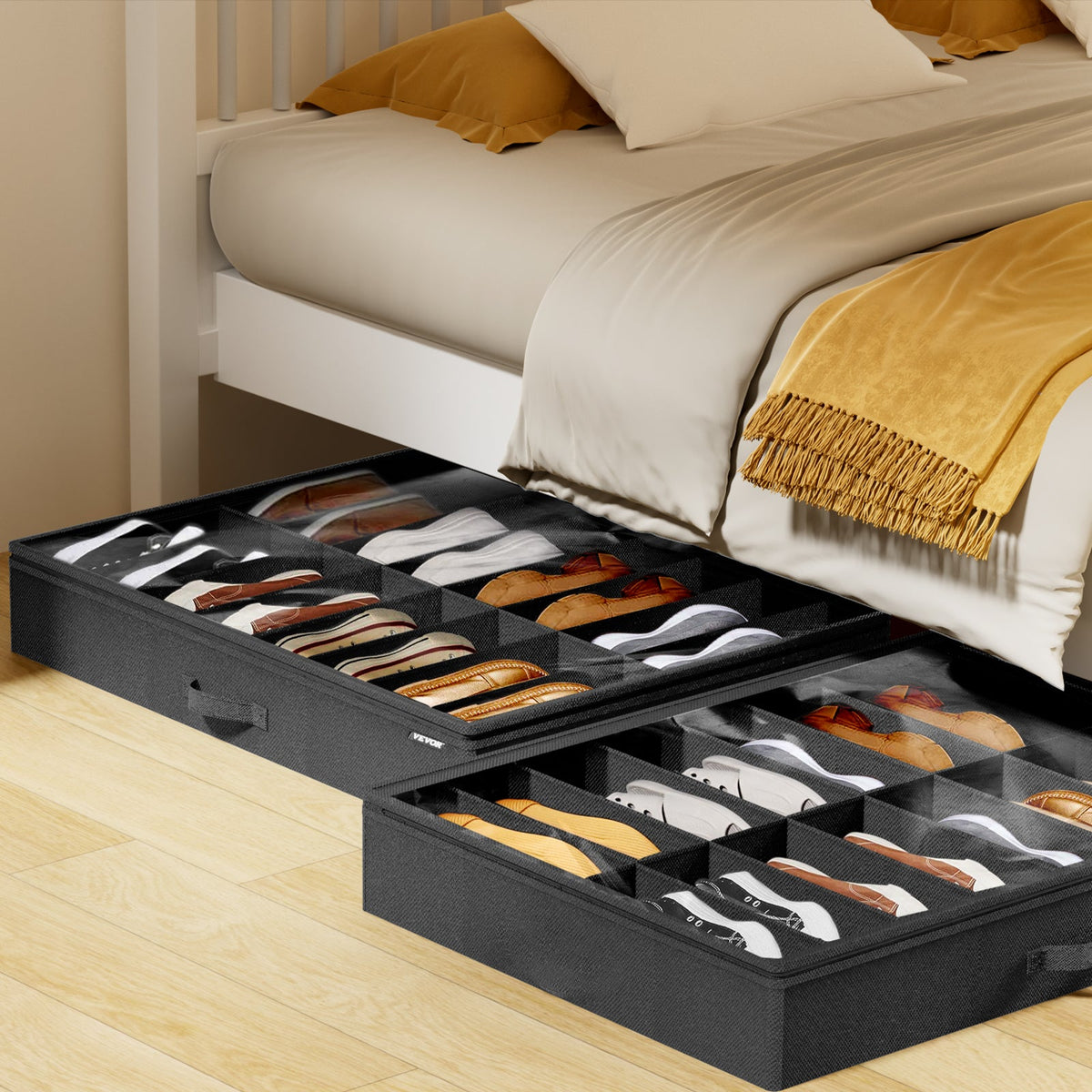 Vevor Sturdy Under Bed Shoe Storage Organizer, Set Of 2, 32 Compartments, Underbed Shoes Closet Storage Solution With Clear Window, Breathable,