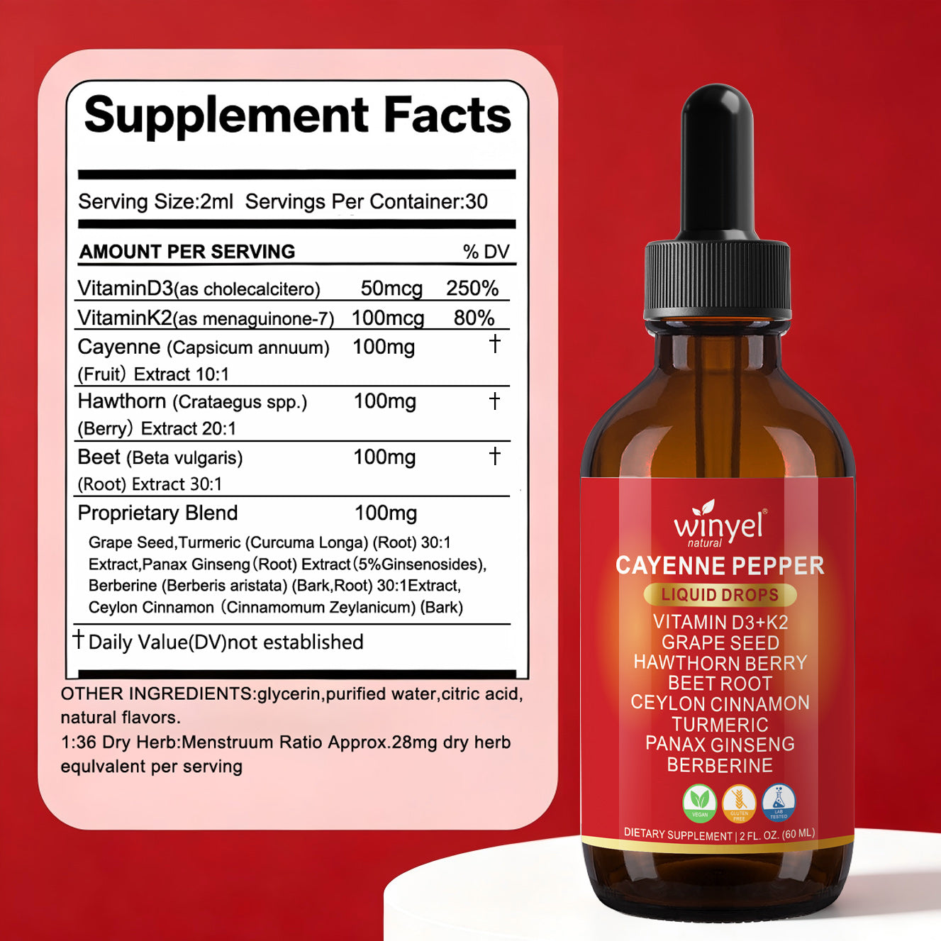 WINYEL Cayenne Pepper Drops Herbal Supplement, Hawthorn Berry, Vitamin D3 K2, Beet Root, Ceylon Cinnamon, Turmeric & Berberine Extract, 60ML