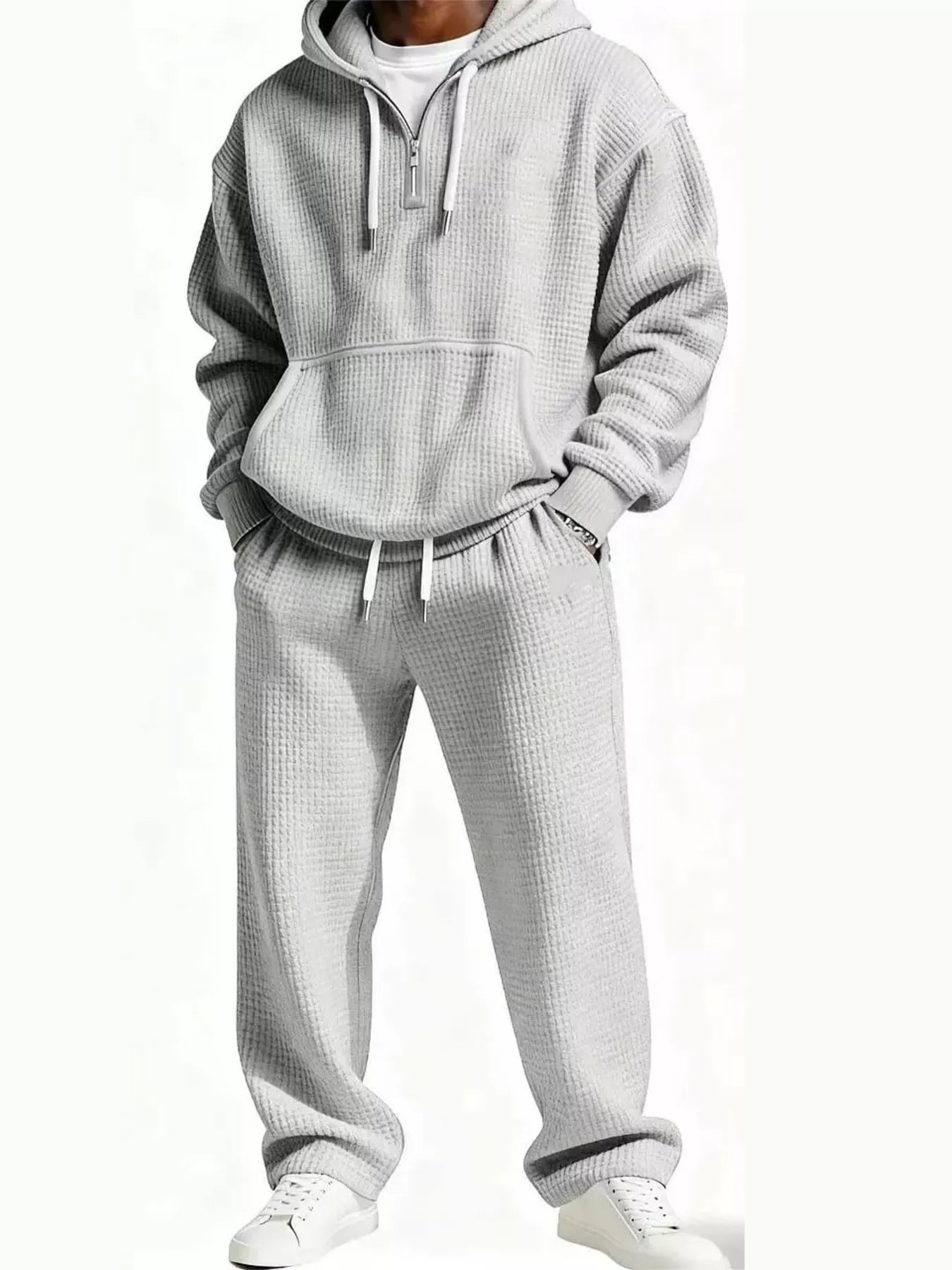 Men's Full Size Casual Waffle Knit Hoodie and Pants Set Plus Size