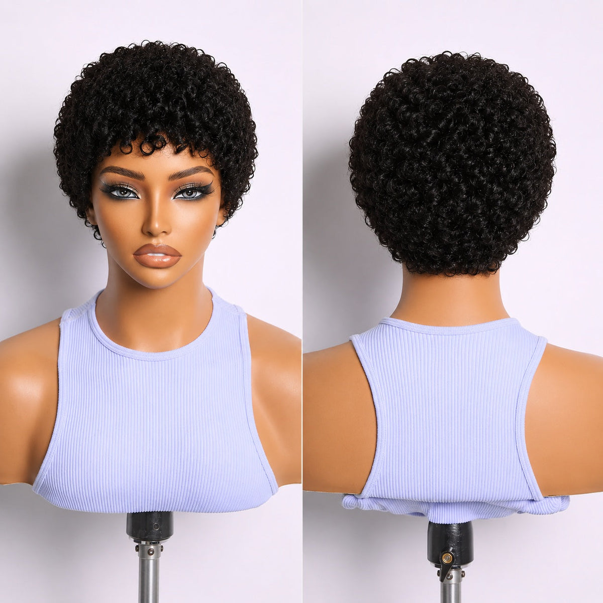 Pixie-style Human Hair Wig, Natural Color, Jerry Curly Texture, 4-inch Length.