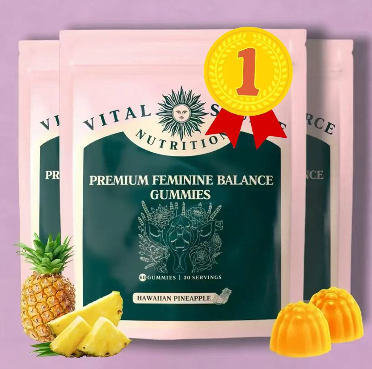Vital Source Nutrition - Premium Feminine Balance Gummies - for Women’s Health & Wellness - Immune Support - Vegan, Gluten-Free - Hawaiian Pineapple - 60 Gummies - 30 Servings