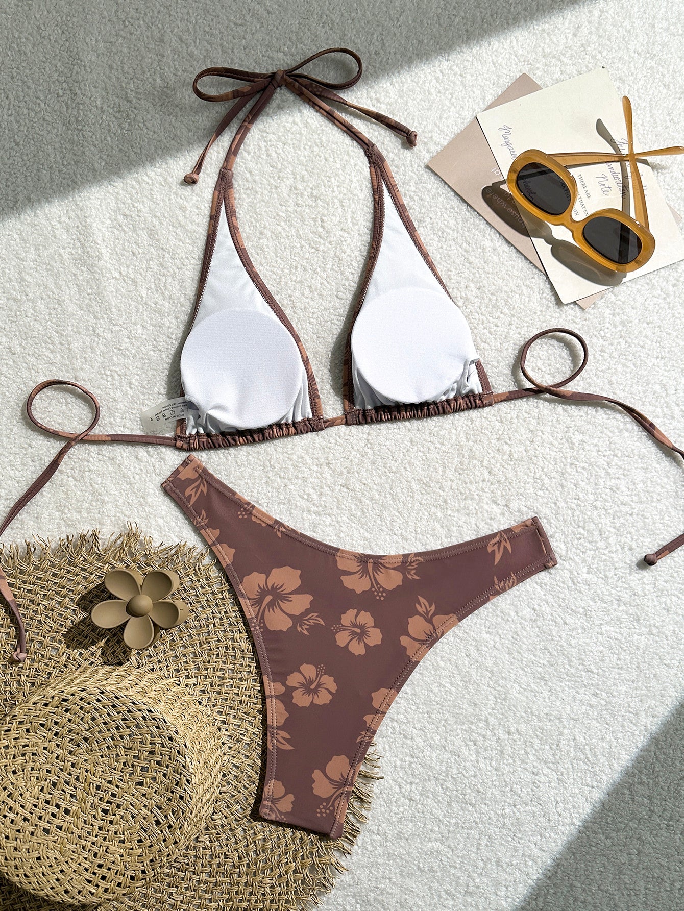 Women's Brown Hibiscus Floral Triangle Bikini Set, Tie-Side Halter Top & Cheeky Bottom, 2 Piece Tropical Swimsuit