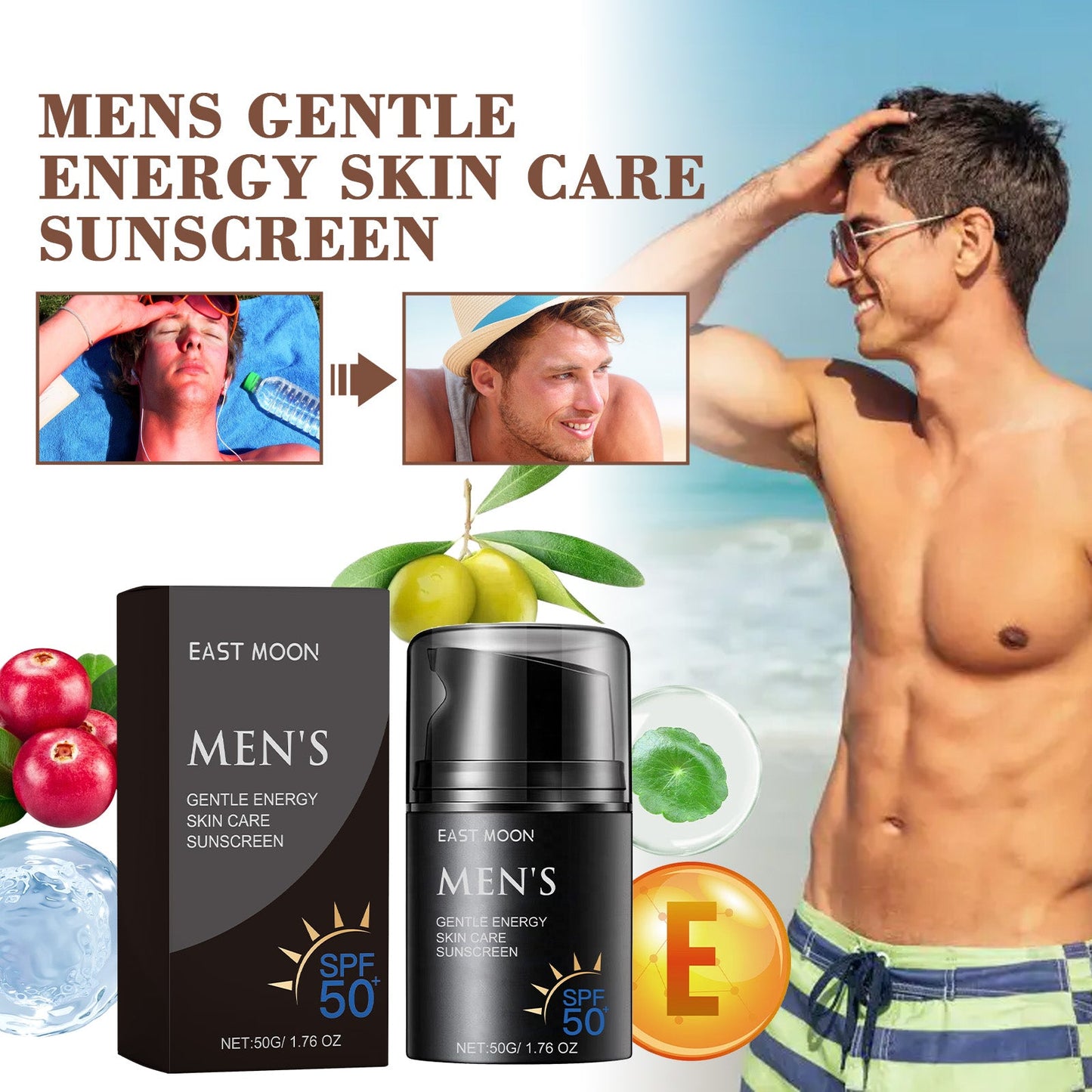 East Moon Enhanced Sunscreen For Men, Summer Outdoor Uv Protection Moisturizing Mild Refreshing Protective Cream