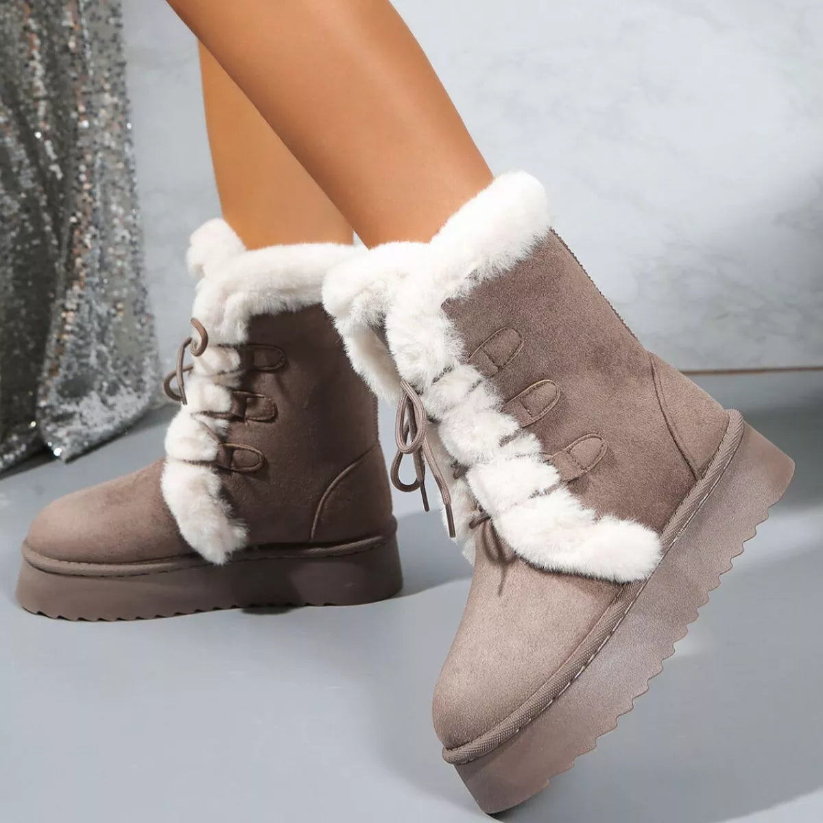 Fuzzy Trim Lace-Up Platform Boots