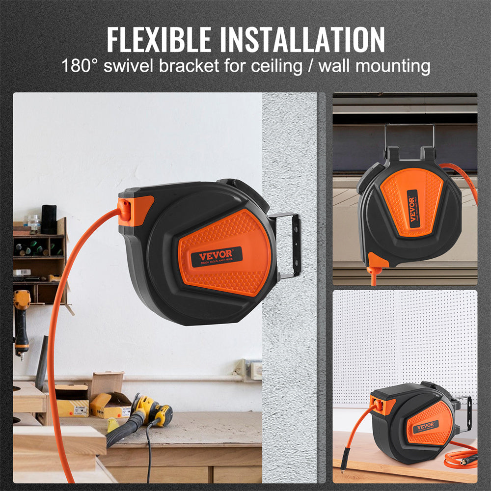 VEVOR Retractable Air Hose Reel, 3 8 IN X 50 FT Hybrid Air Hose Max 300PSI, Air Compressor Hose Reel With 5 Ft Lead In, Ceiling  Wall Mount Enclosed Air Reel, 180 Swivel Mount