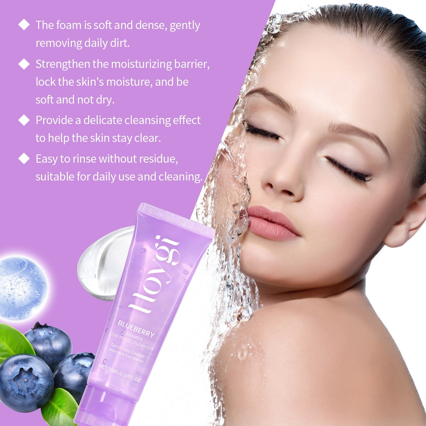 Hoygi Blueberry Flavorful Ceramide Cleansing Gel, Facial Skin Cleansing Moisturizing Hydrating Cleanser