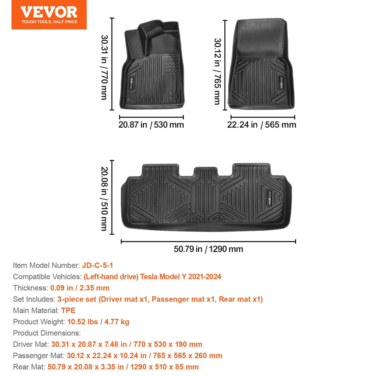 Automotive Floor Mats Fits For Tesla Model Y 2021-2024 3 Pcs TPE Liners