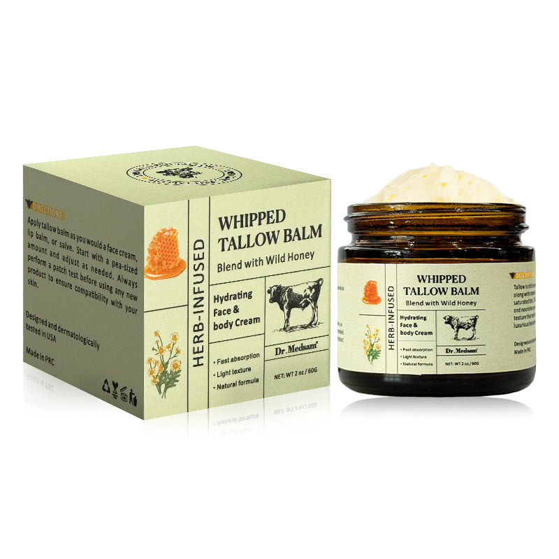 Herb Infused Whipped Grass Fed Beef Tallow Honey Balm, Natural Grass-Fed Tallow Face & Body Moisturizer, Dry Skin Barrier Repair Nourishing Body Butter Cream
