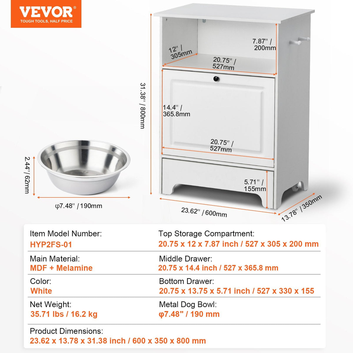 VEVOR Pet Feeding Station W 2 Elevated Dog Bowls Dog Food & Toy Storage Cabinet