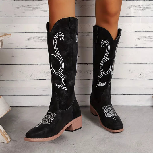 Embroidered Round Toe Block Heels Boots