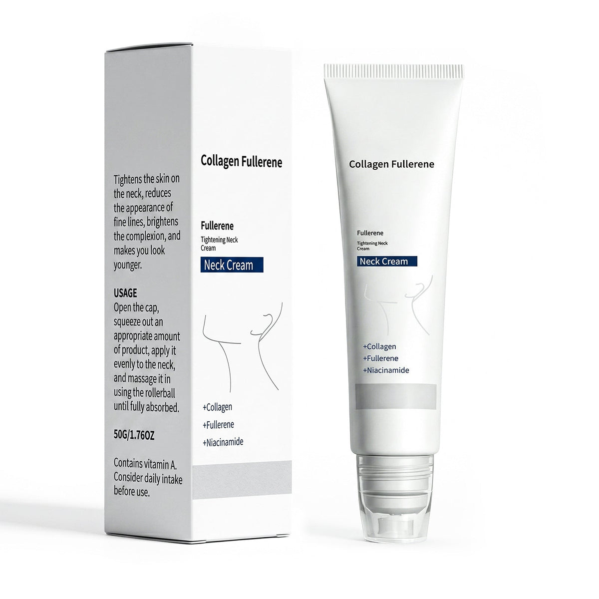Collagen Fullerene Neck Cream With Roller Massager, Anti-Aging Neck Firming Cream, Reduces Wrinkles & Double Chin, 50g