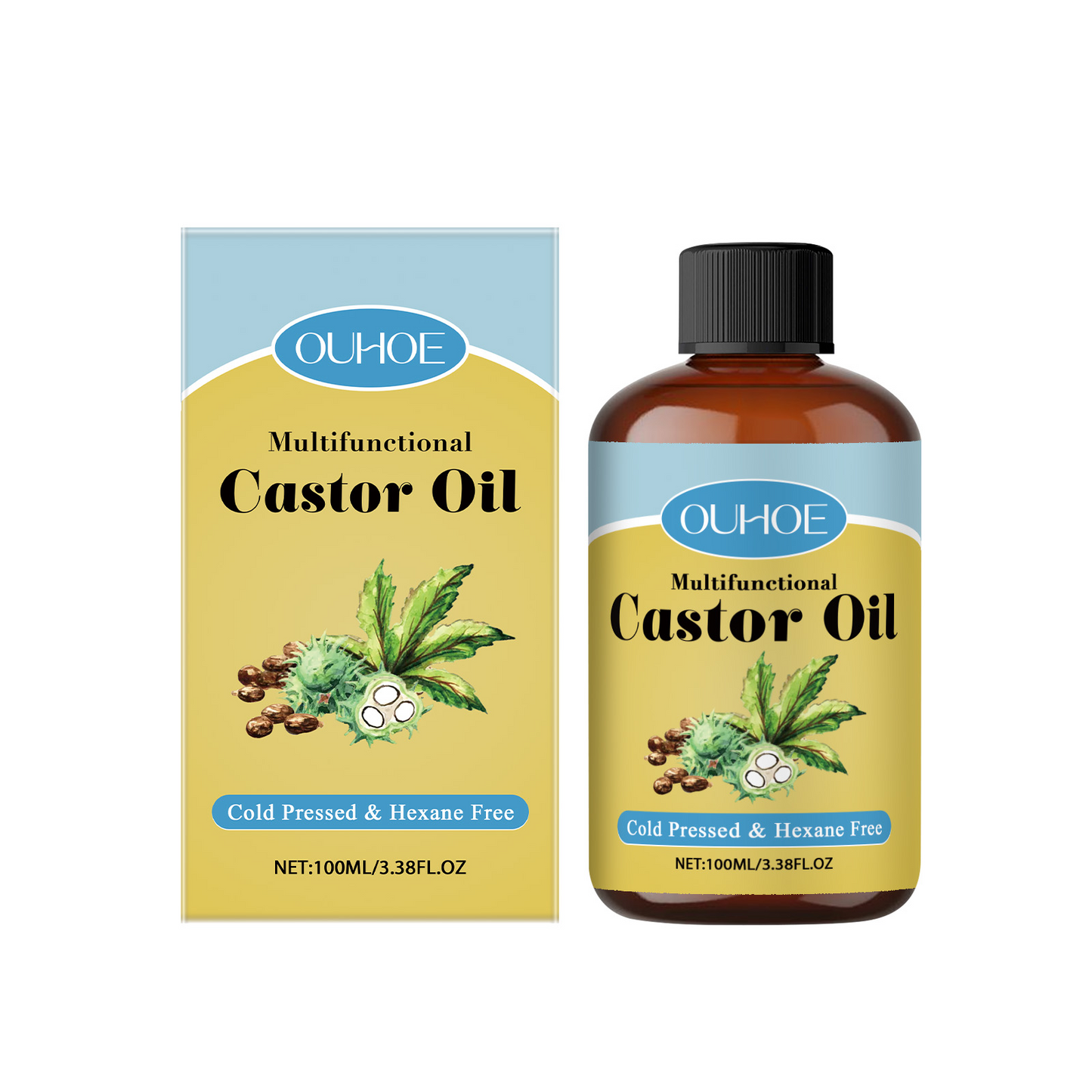 OUHOE Organic Castor Oil, Moisturizes And Hydrates Hair, Eyebrows, Skin, Body Multi-Effect Care Gentle Massage