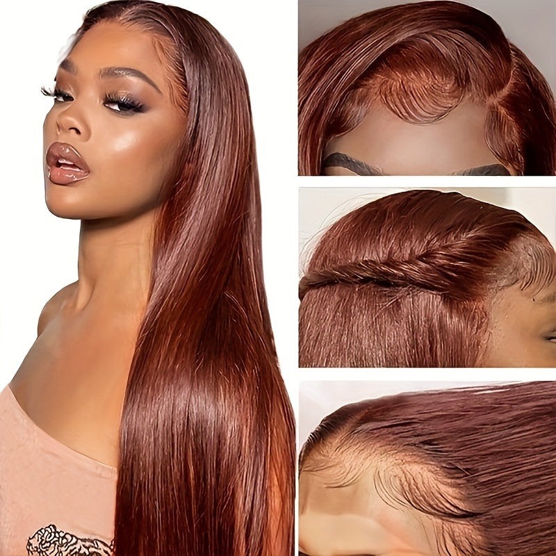13x4 Straight Reddish-Brown Lace Front Wig HD Lace, Human Hair, Density
