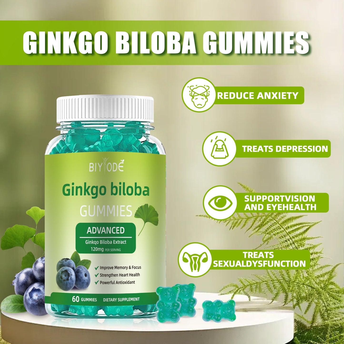 Fast Shipping Ready Stock Wholesale Herbal Supplements Ginkgo Biloba Gummies For Memory & Focus Support