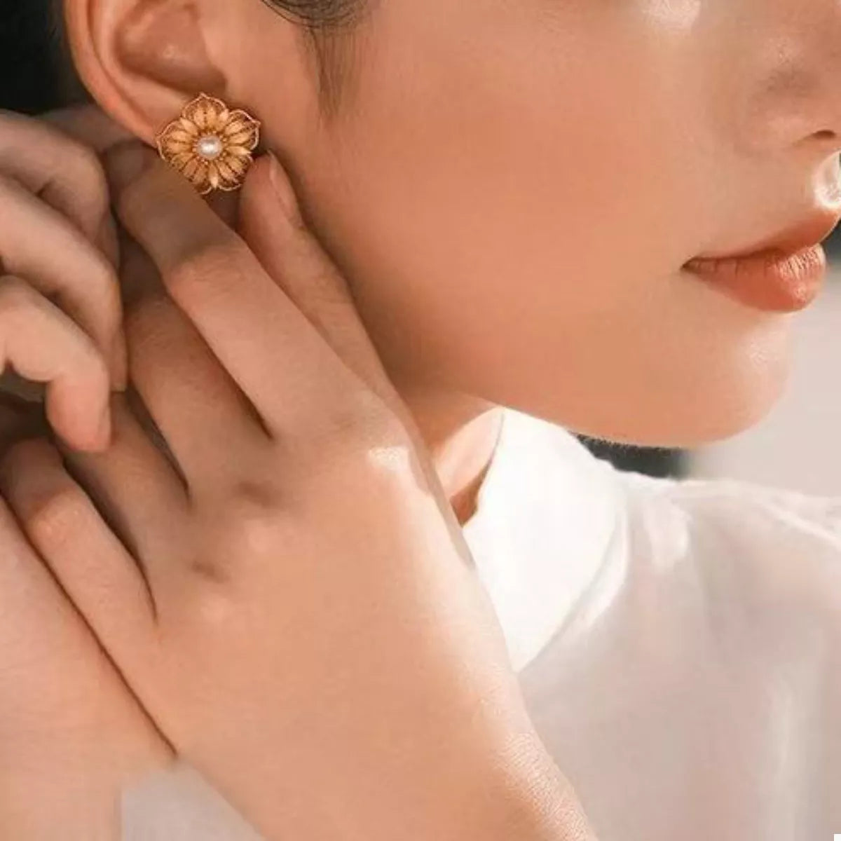 Floral Stud Earrings with Pearl Center