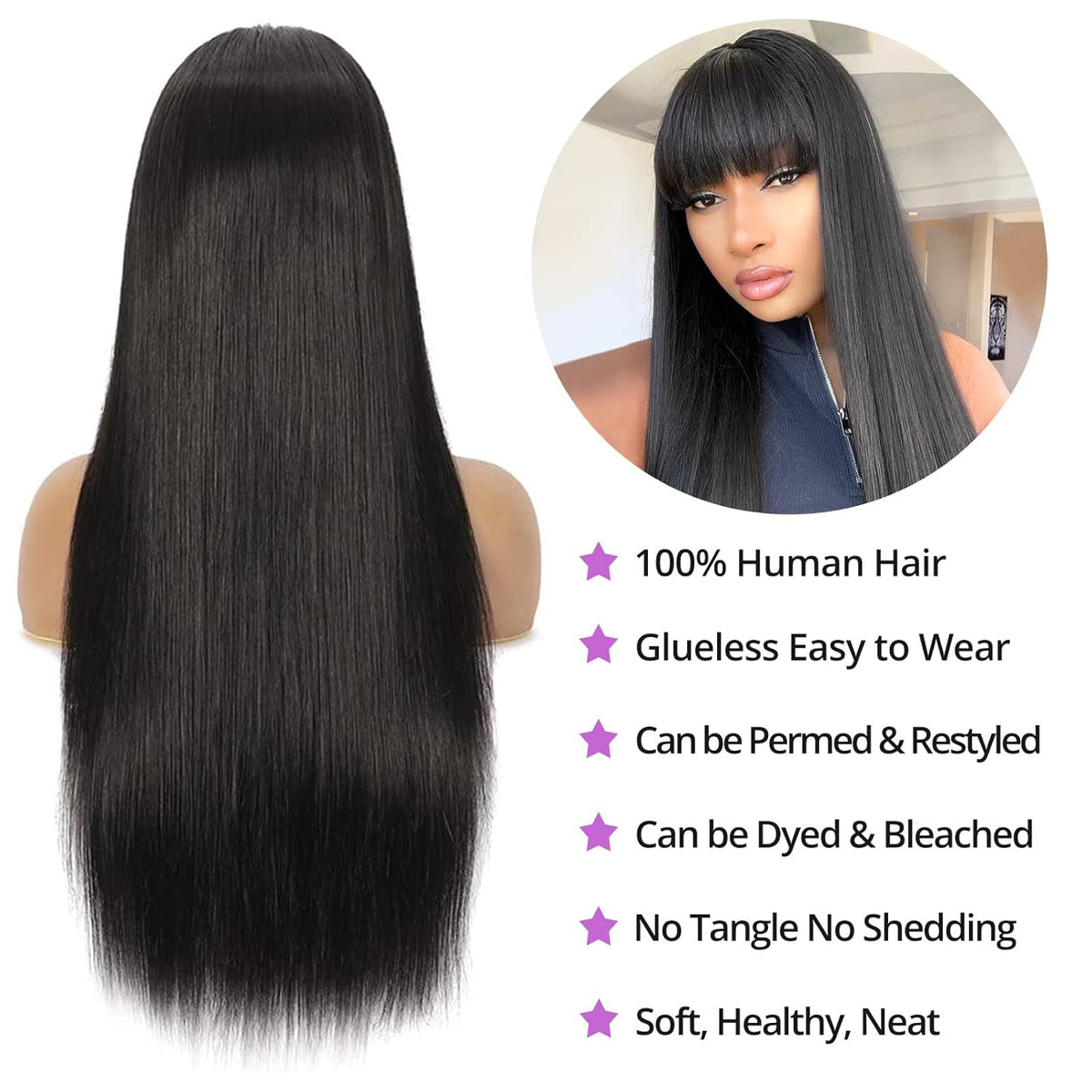 Machine-made Straight Human Hair Wig With Bangs, Natural Color, Density.