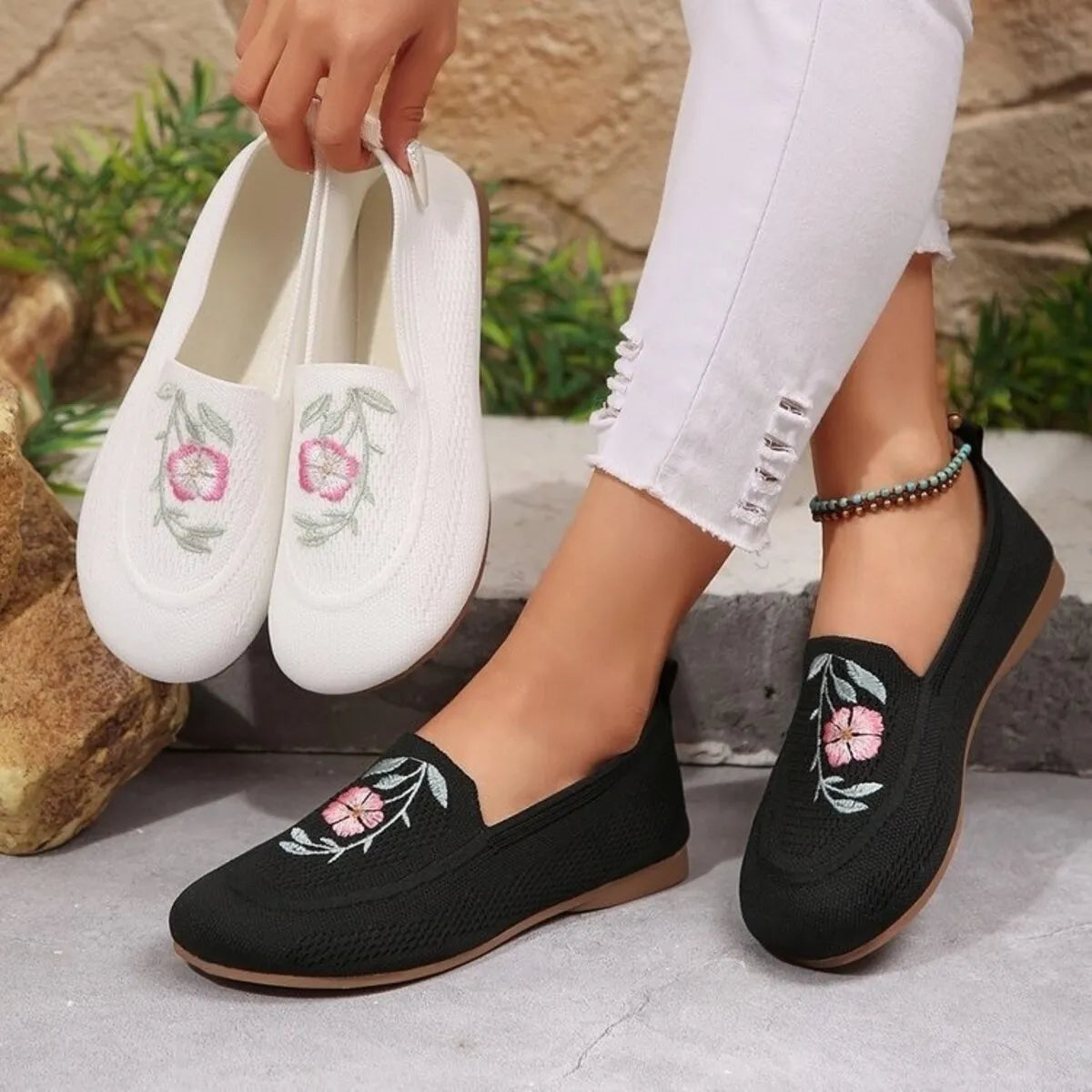 Embroidered Mesh Slip-Ons