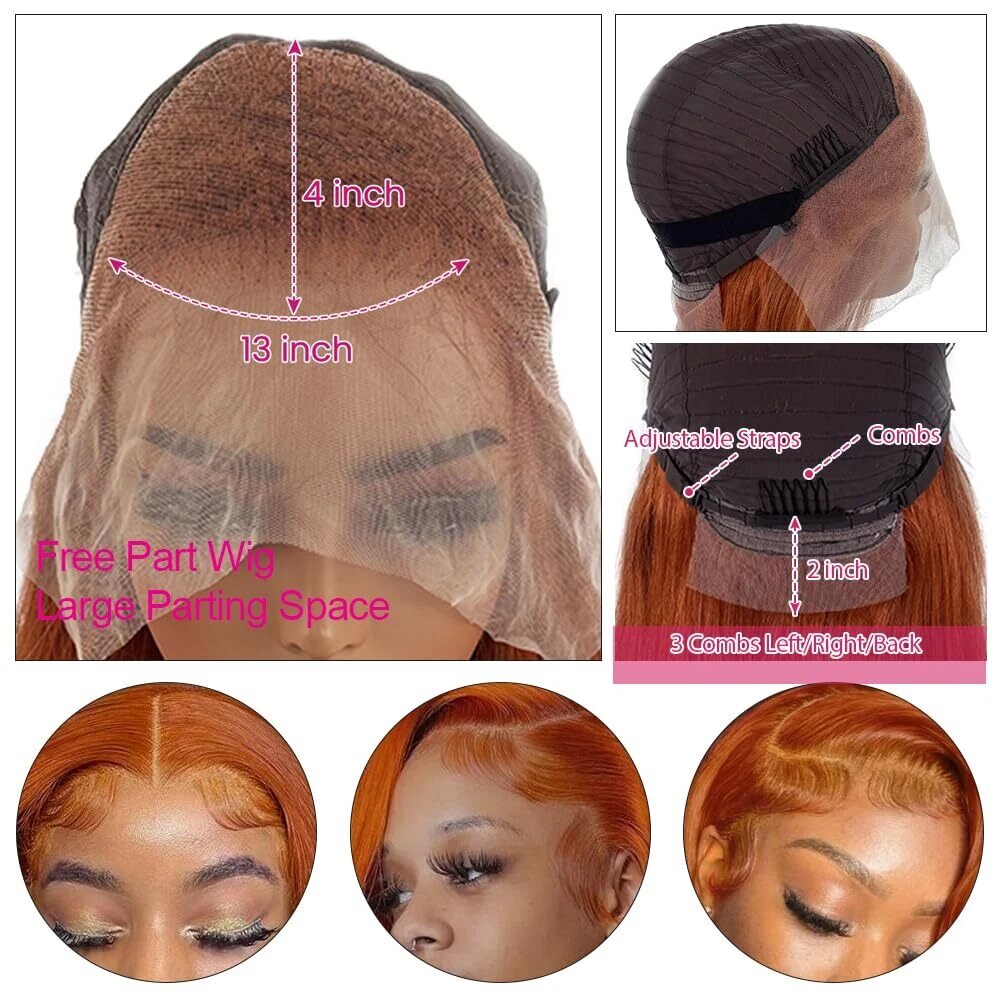 13x4 Straight Human Hair Lace Front Wig Ginger Yellow Density