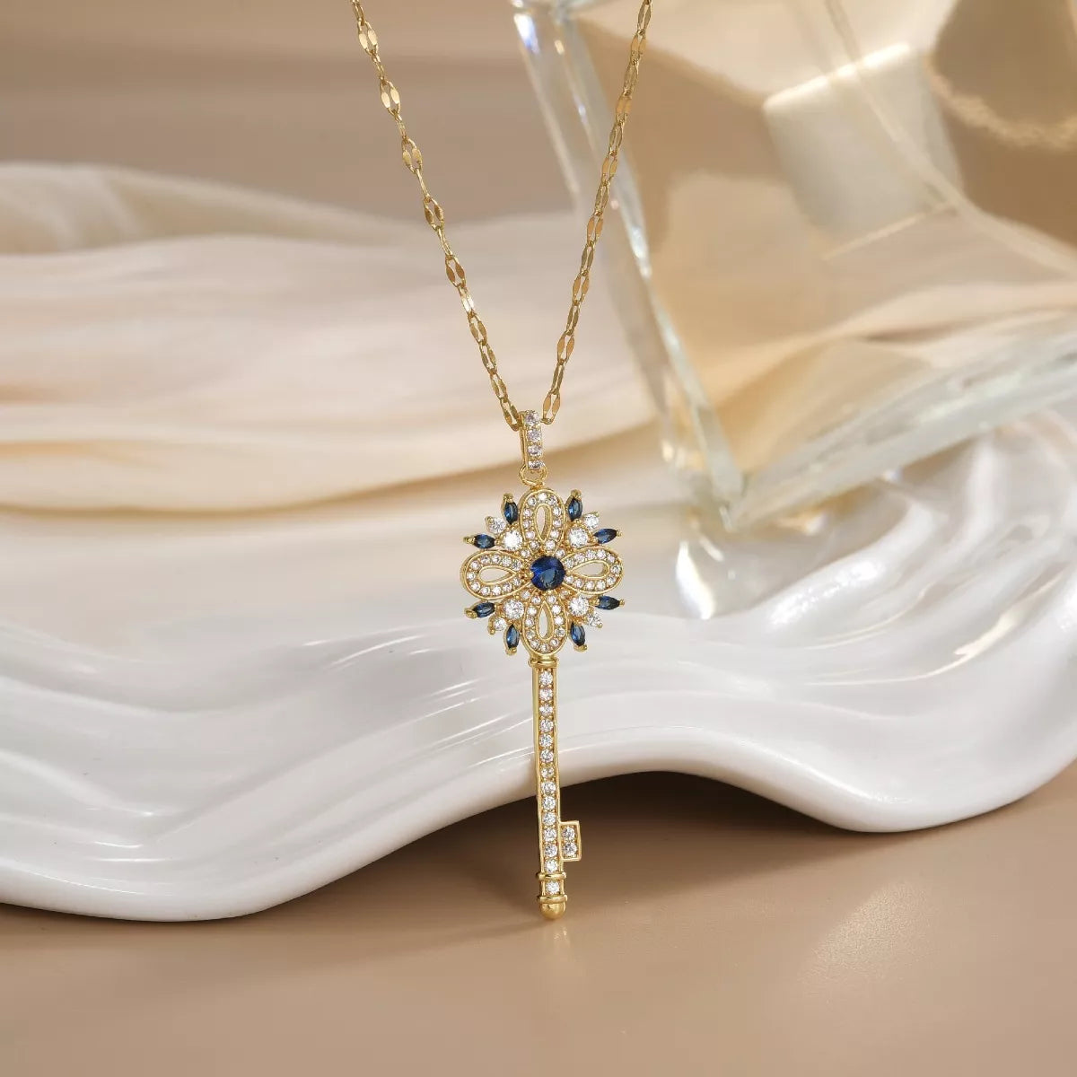 18K Gold-Plated Zircon Key Pendant Necklace
